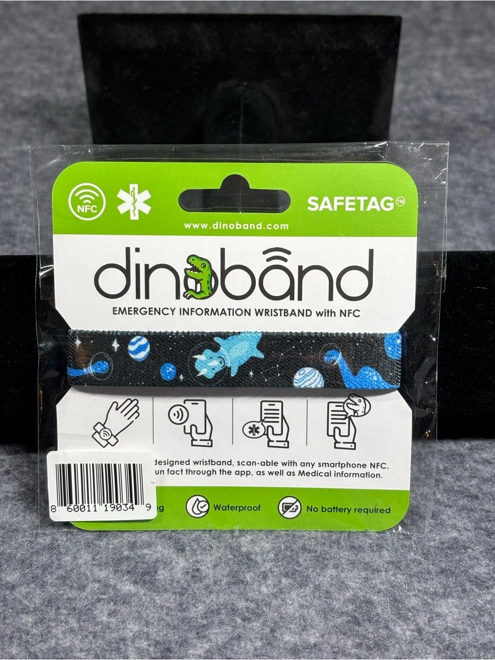 SAFETAG NFC Emergency Wristband - Black with Blue Dinosaur Pattern